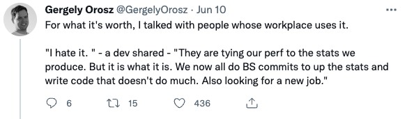 Another Gergely Orosz tweet mentions testimonials from developers who are hating tools like Pluralsight flow