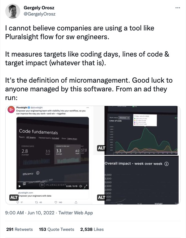 Gergely Orosz tweet on why a tool like Pluralsight flow is the definition of micromanagement